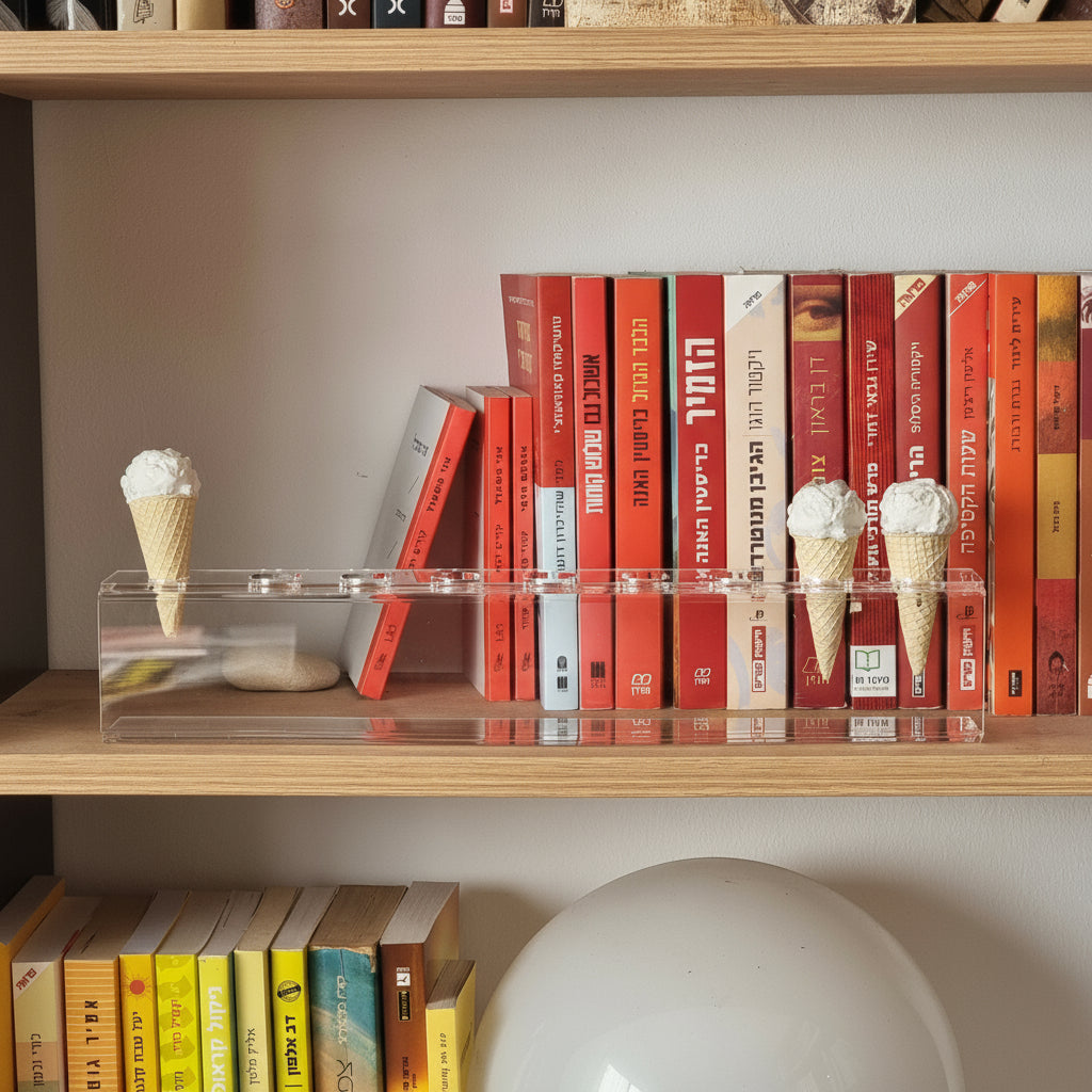 Bookshelf with books and ice cream Hanukkiyah on a wooden shelf