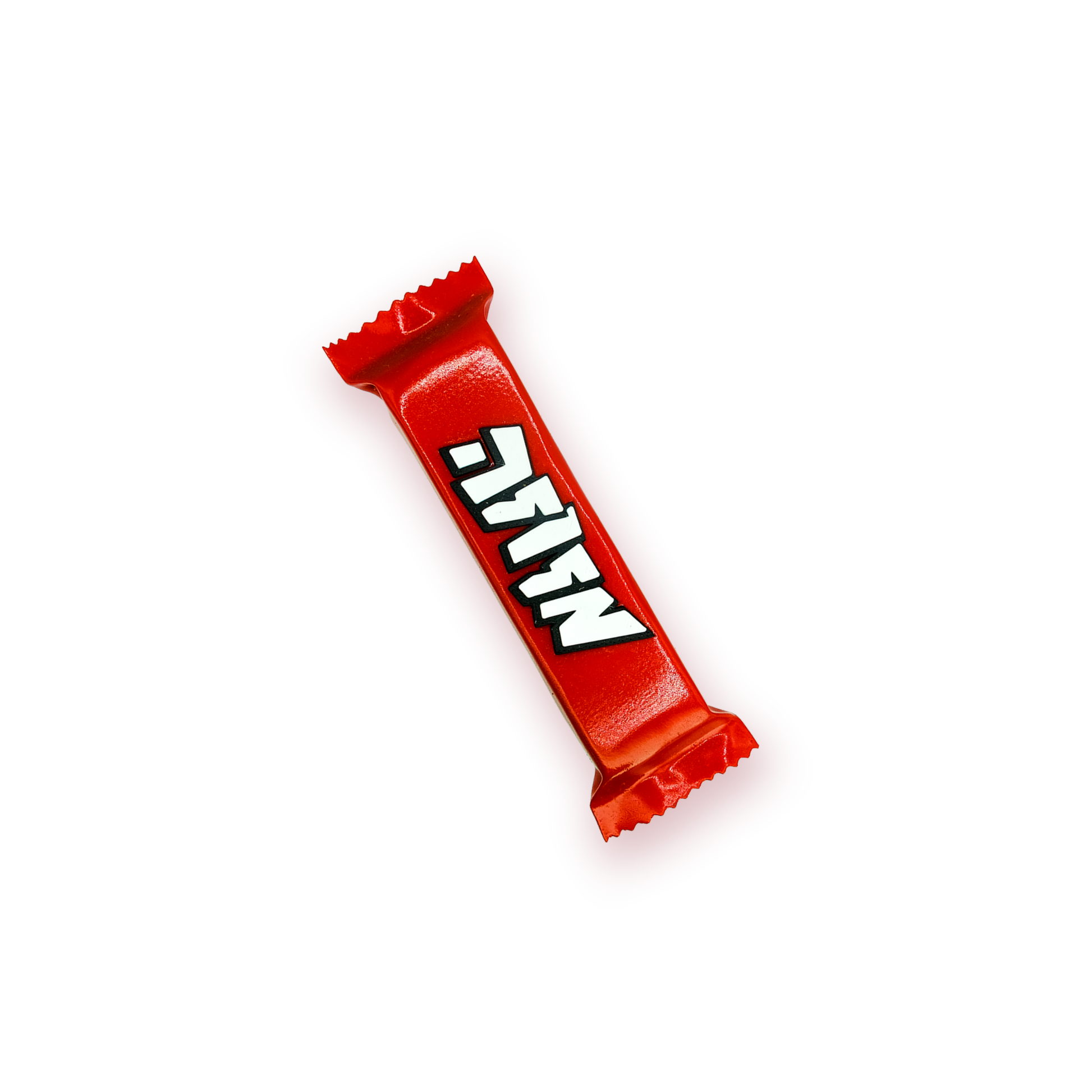 Red candy bar with white text on a white background